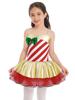 Girls Adjustable Straps Cami Dress Stripes Print Sequins Bowknot Mesh Tutu Dress Dance Jumpsuit Costume