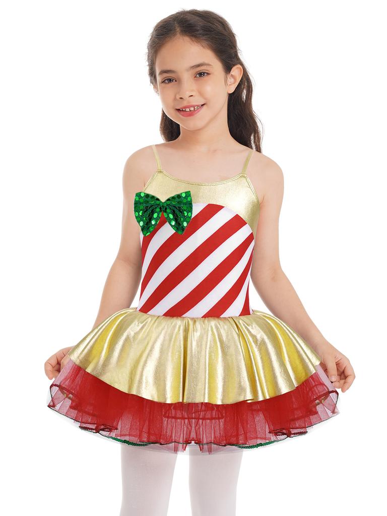 Girls Adjustable Straps Cami Dress Stripes Print Sequins Bowknot Mesh Tutu Dress Dance Jumpsuit Costume