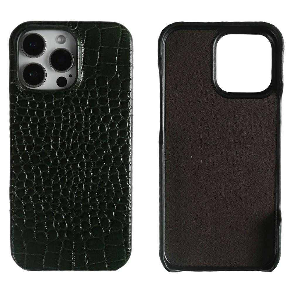 For iPhone 16 Pro Case Crocodile Texture Genuine Cow Leather Coated PC Phone Cover