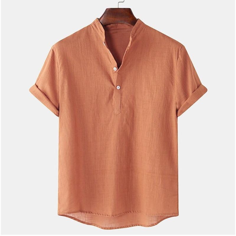 Summer Men's Cotton Linen Breathable Solid Color Short Sleeved Henry Shirt Polo Shirts Men’s