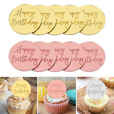 10 peças de toppers de cupcake de feliz aniversário, círculo de acrílico dourado, bolo de sobremesa, decorações faça você mesmo, cartão de inserção, suprimentos para festa de aniversário infantil