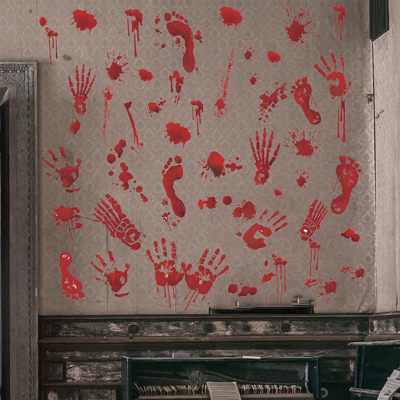 Halloween Blood Handprint Skull Wall Sticker Pvc Bedroom Background Decoration Horror Self-Adhesive Wall Sticker