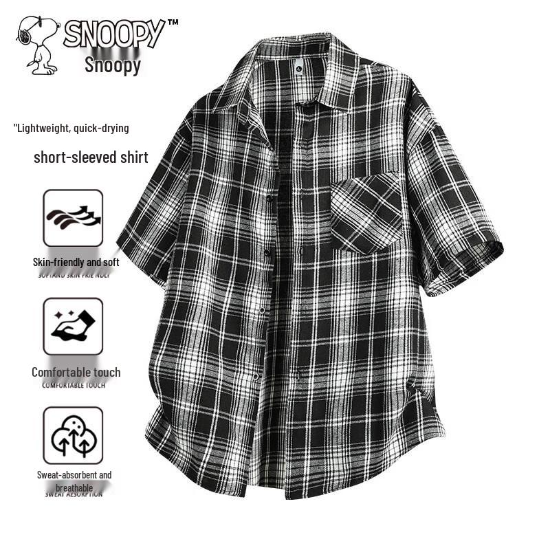 SNOOPY Men s Short Sleeve Plaid Shirt M