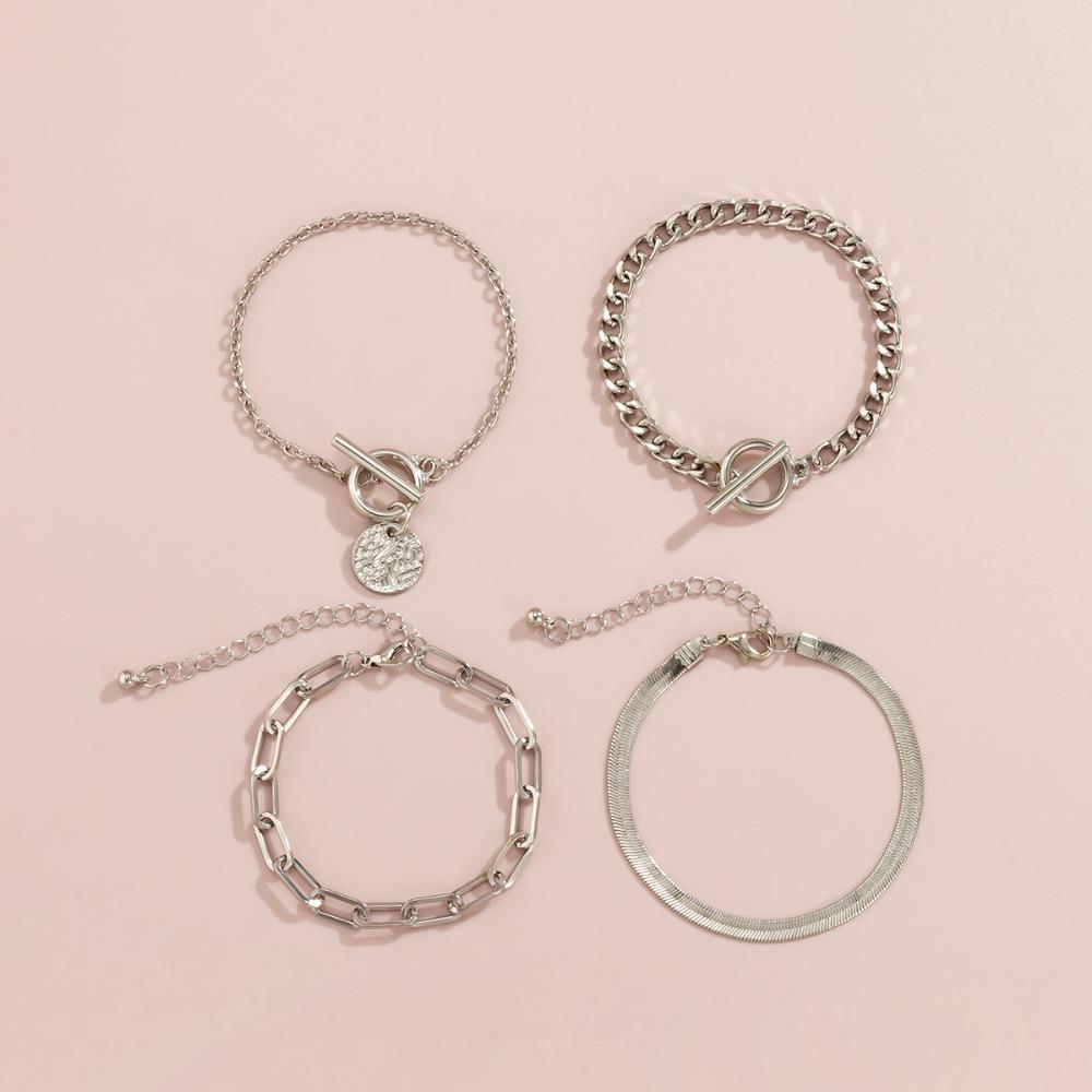 4pcs Set Hip-hop Trend Snake Bone Chain Retro Metal OT Buckle Round Card Bracelet for Women Punk Rock Jewelry Set Accessory Gift