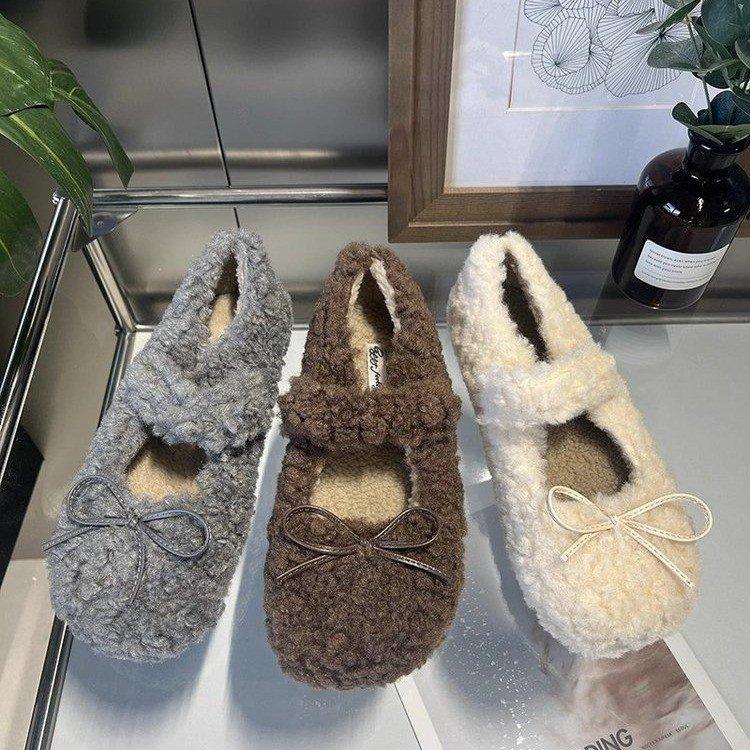 Full of Sweetness~ Milky White Velvet Mary Jane Wool Shoes Women's Winter Lamb Wool Flat-bottomed Warm Beanie Cotton Shoes