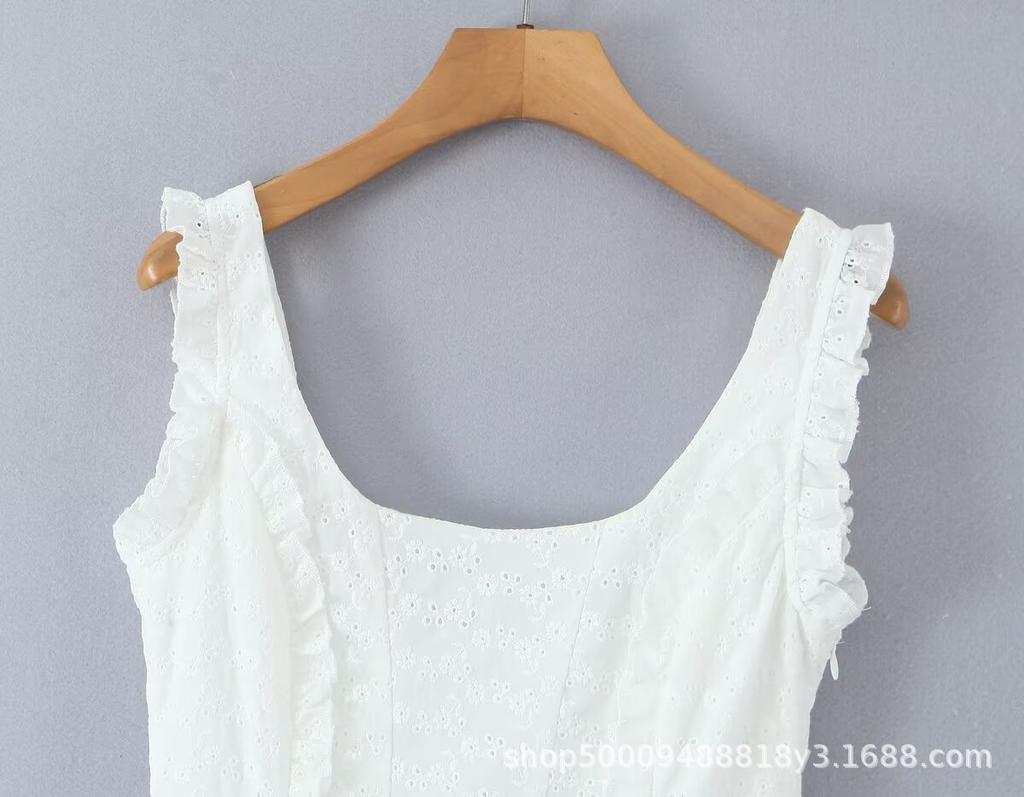 French Niche Sweet Lotus Leaf Edge Waist Thin Embroidery Sleeveless Mini Dress Women's Summer Pure Desire Suspender Short Skirt