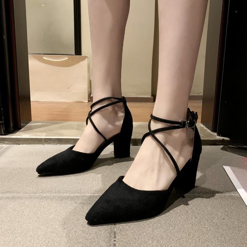 Fashion High Heels Women's Summer Block Heel Pointed Toe Shallow Cross Lace-up Roman One Buckle Strap Hollow Sandals