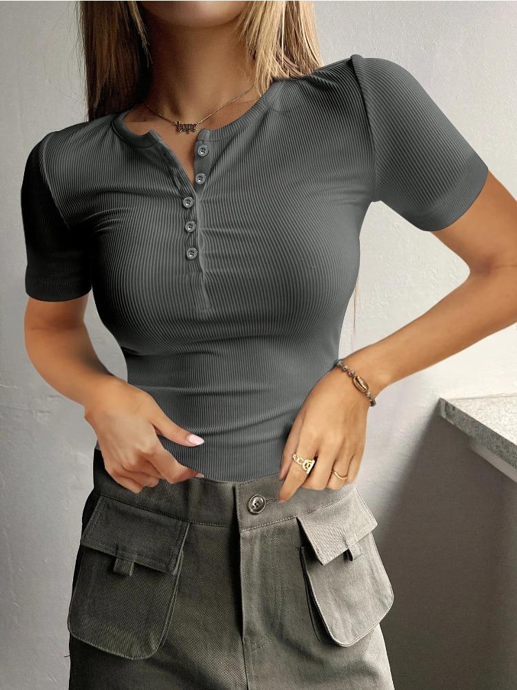 

Женский вязаный топ с короткими рукавами, милый и свежий, с кружевным воротником, на пуговицах, с резинкой по низу XS серый