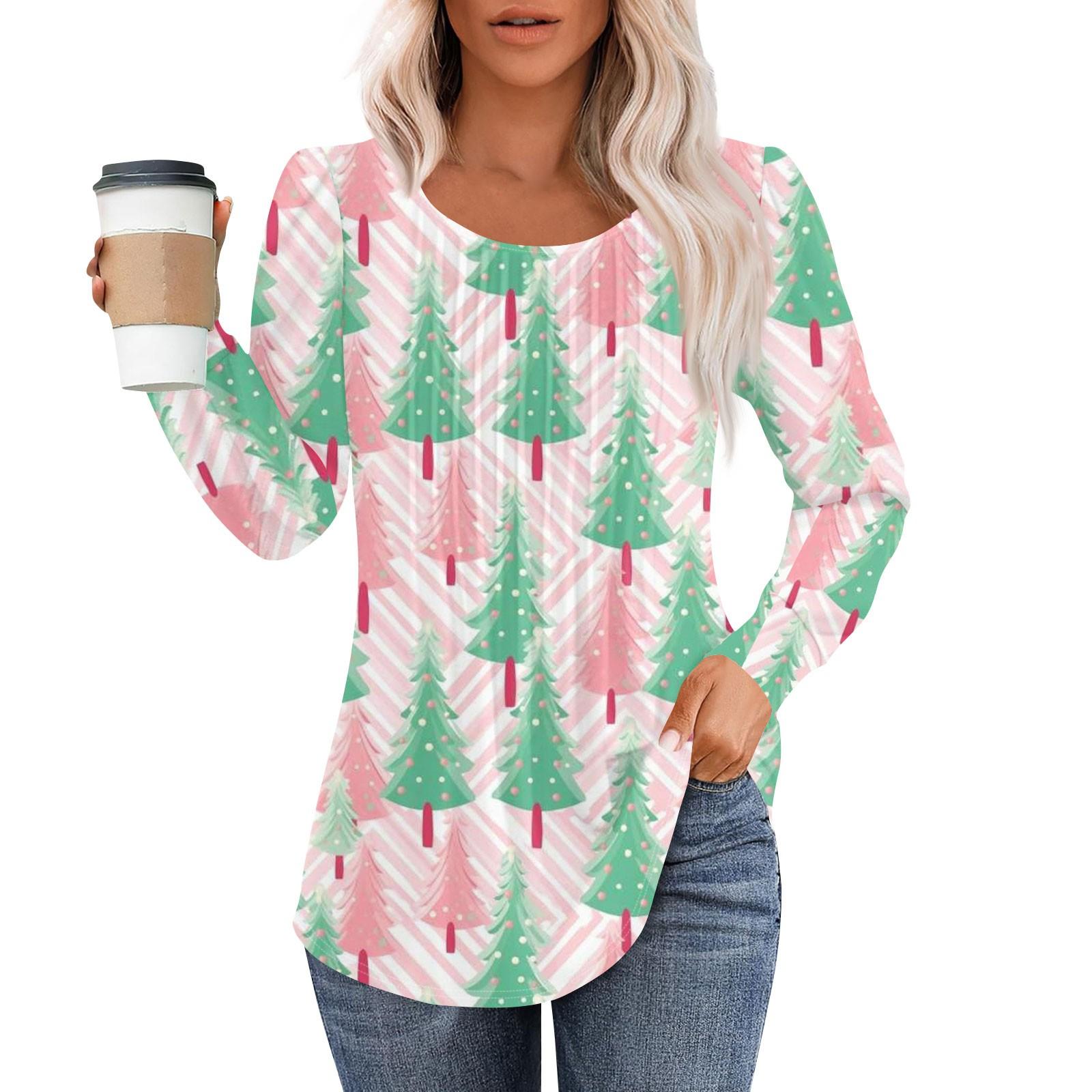 

Женская модная повседневная плиссированная футболка с круглым вырезом и рождественским принтом с длинными рукавами XXL