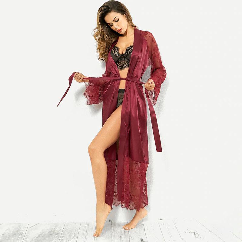 Dámské sexy spodní prádlo na spaní krajkový župan šaty noční košile pyžamo saténový noční župan s dlouhým rukávem výstřih do V hedvábný saténový noční košilka