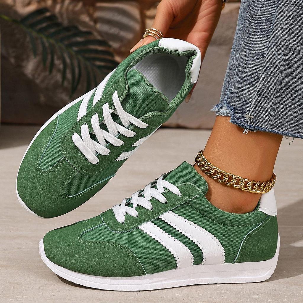 Damen Klassische Mode-Sneaker - Grüne Freizeit-Sneaker mit weißen Schnürsenkeln, Bequeme Slipper für alle Jahreszeiten, Lässiges Schuhwerk Geometrisch
