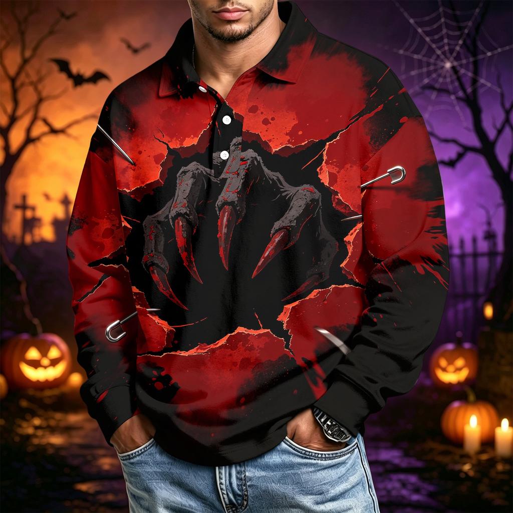 Men's Halloween Printed Long Sleeve Casual Shirt for Festive Occasions