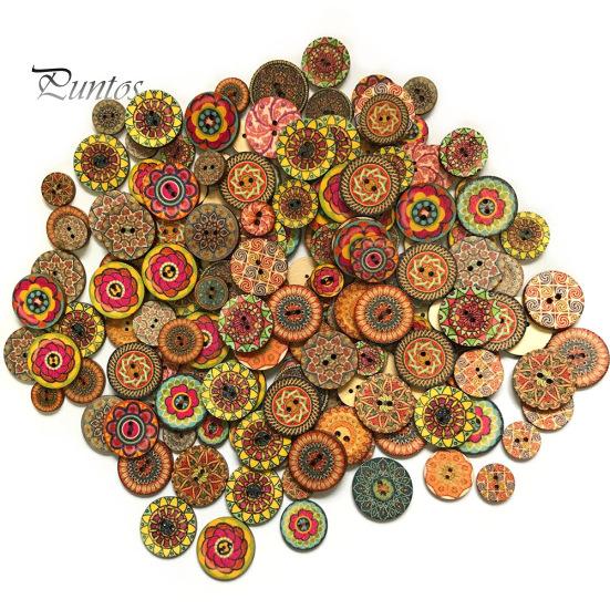 100Pcs Classic Vintage Flower Printed Wooden Button DIY Sewing Clothes Bag Decor
