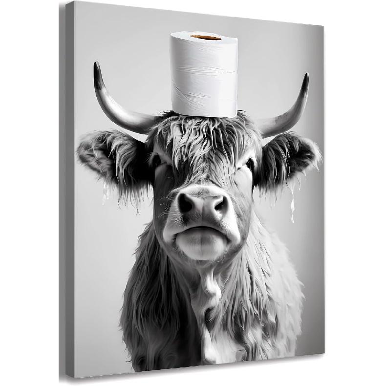 Framed Highland Cow Bathroom Decor Canvas Wall Art,Bathroom Cow in Toliet Paper Art Print,Highland Cow Wall Art Decor,Rustic Farmhouse Bathroom Wall