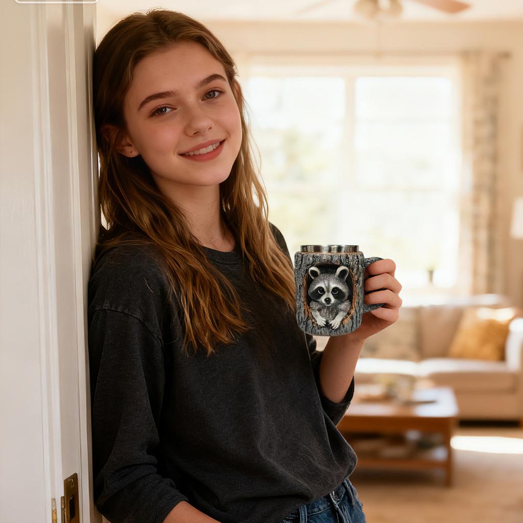 Handcrafted Synthetic Resin Stainless Steel Cute Animal Tree Hole Mug