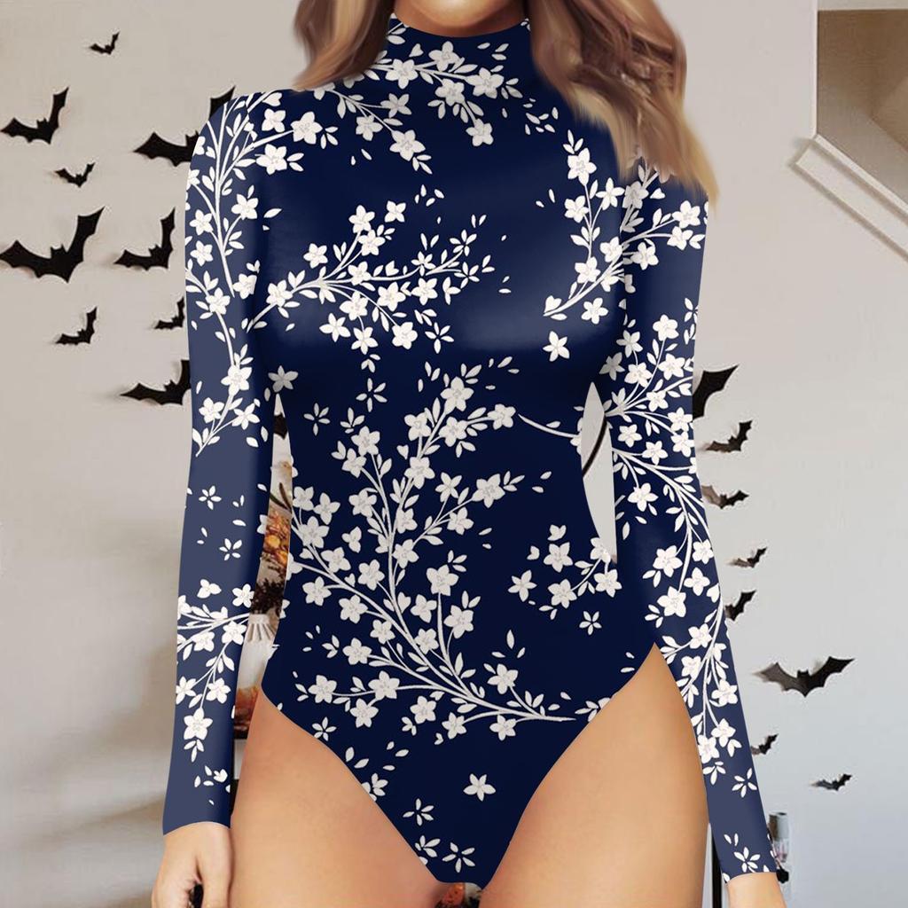 Dámské podzimní a zimní jednodílné tričko Slim Dlouhý rukáv Polovysoký výstřih Vintage halloweenské body s potiskem