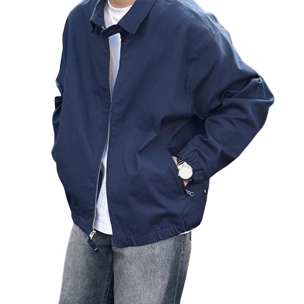 Men Coat Lapel Collar Long Sleeve Solid Color Jacket with Pockets Loose Fit Street Style Casual Outerwear