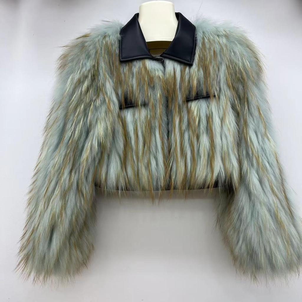 Women's Short Real Raccoon Wool Coat Sheepskin Square Collar Youthful Slim Fur Striped Coat for Women