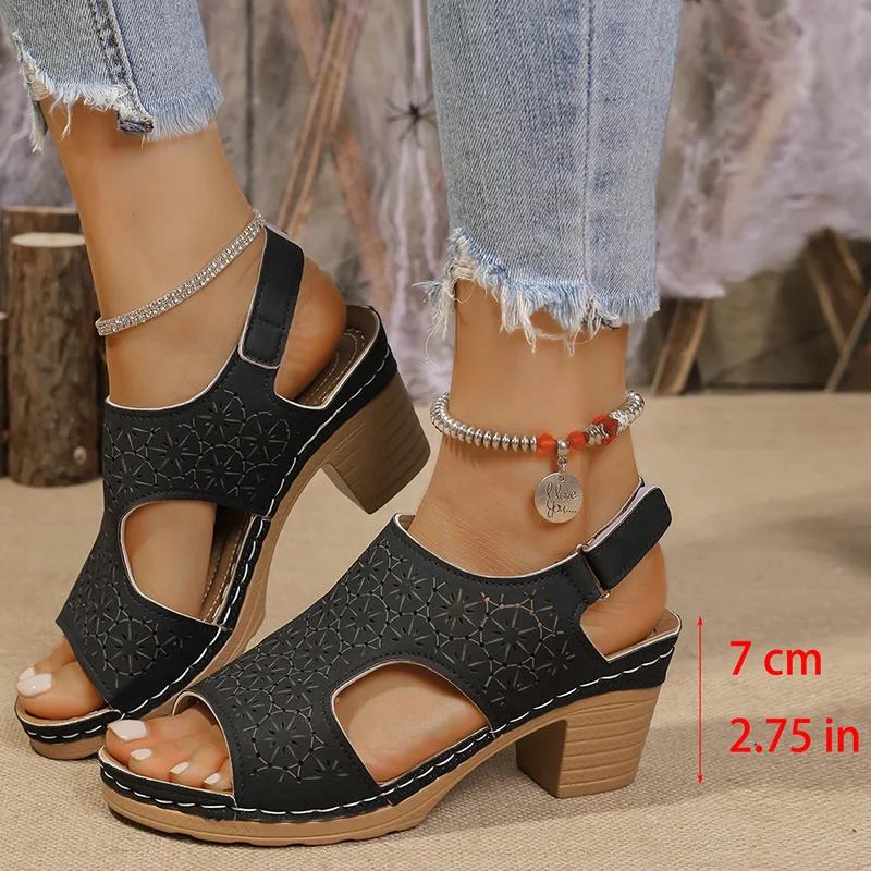 Fashion Hollow Out Women's High Heels Sandals Summer Hook Loop Thick Heeled Platform Sandles Casual Anti-Slip Beach Sandals Plus Size