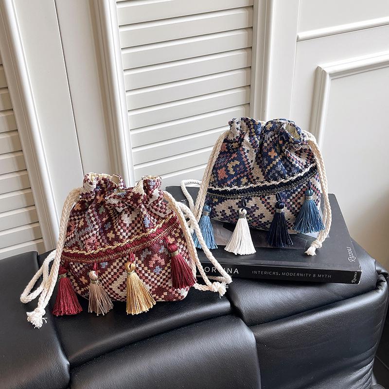 Ethnic Style Women's Tassel Drawstring Crossbody Bag