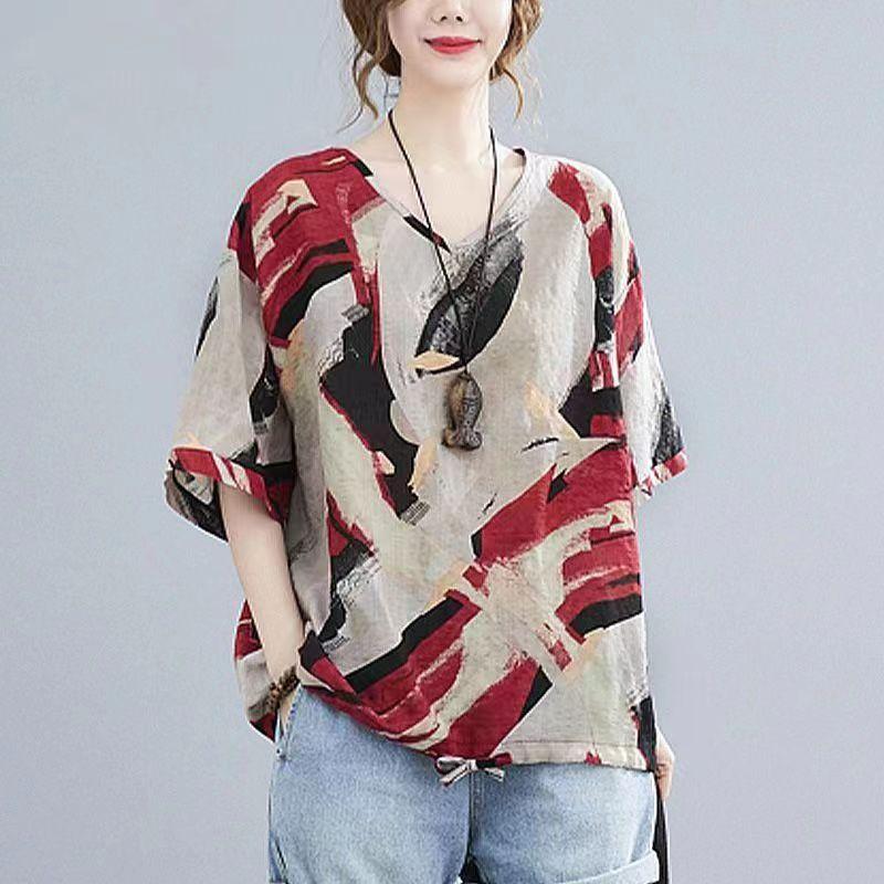Pure Cotton Summer Loose Plus Size Women's Retro Printed Age-reducing Short-sleeved T-shirt
