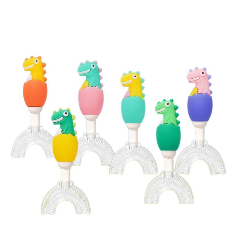 Soft Bristle U-Shaped Children's Toothbrush (Ages 1-12) - Cute Dinosaur Design with Silicone Brush Head