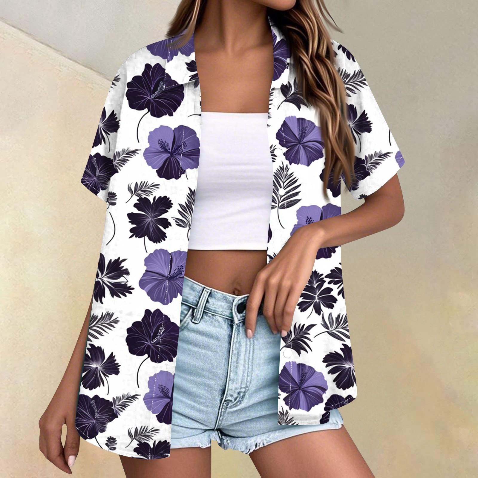 

Женская мода повседневная рубашка с коротким рукавом и лацканами на пуговицах XL фиолетовый