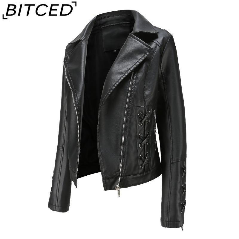 BITCED Fashion Knitted Leather Jacket for Women with Straps Trendy Clothing Casual Jacket