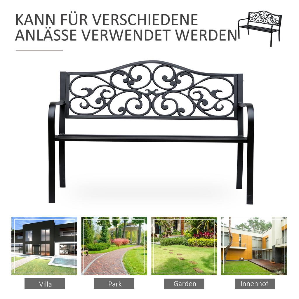 Metal Garden Bench with Floral Backrest and Armrests - Black