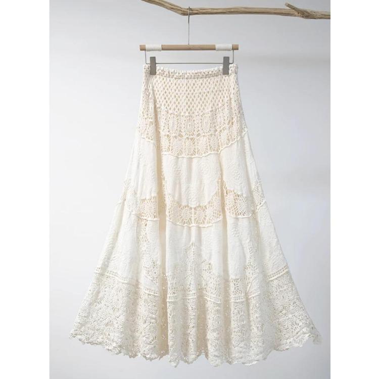 2025 New Dimanaf Holiday Skirt Women Sexy Lace Long Dress Summer Hollow Out Knitting Loose Basic Solid Style