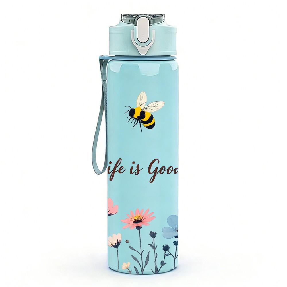 1PC Bee Daisy Flower 750ml Color Plastic Sports Water Bottle Leakproof Flip Straw Lid Suitable for Sports Office Home Use