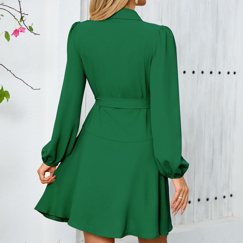 Women's Fashion V-Neck Long Sleeve Solid Colour Slim Dress Loose Casual Dresses