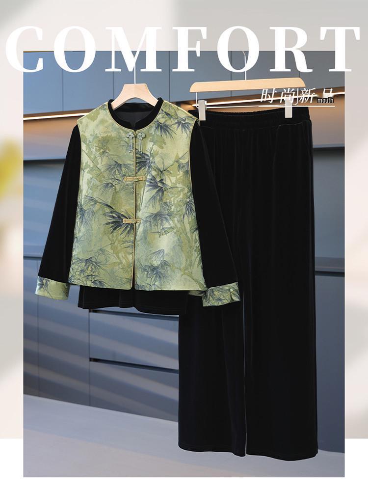 Elegant Spring Velvet Three-Piece Set: Floral Vest & Suit for Middle-Aged Women