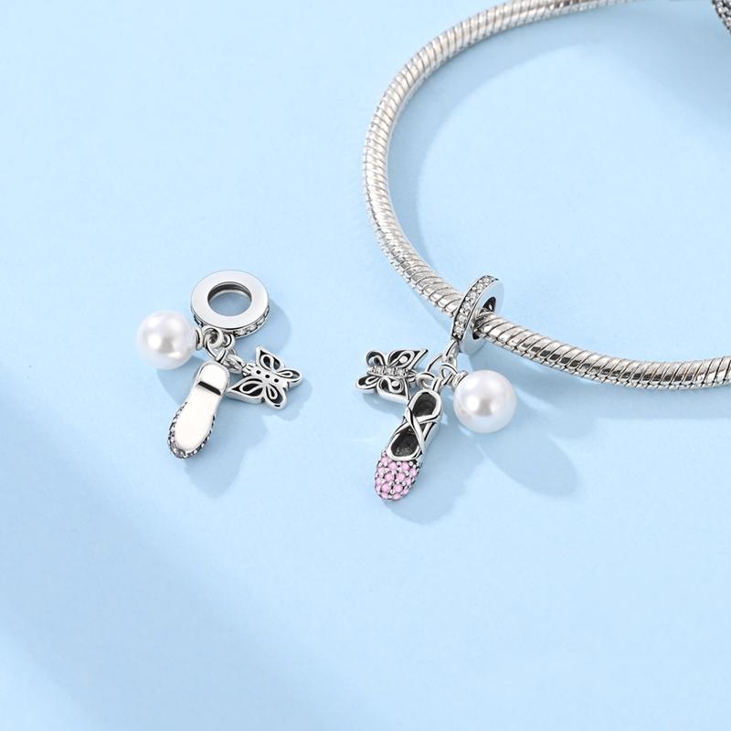 Charm Genuine Copper Pink Shoes Pearl Butterfly Pendants Bead Fits Bracelets Women Jewellery DoItYourself Beautiful Gifts Accessory