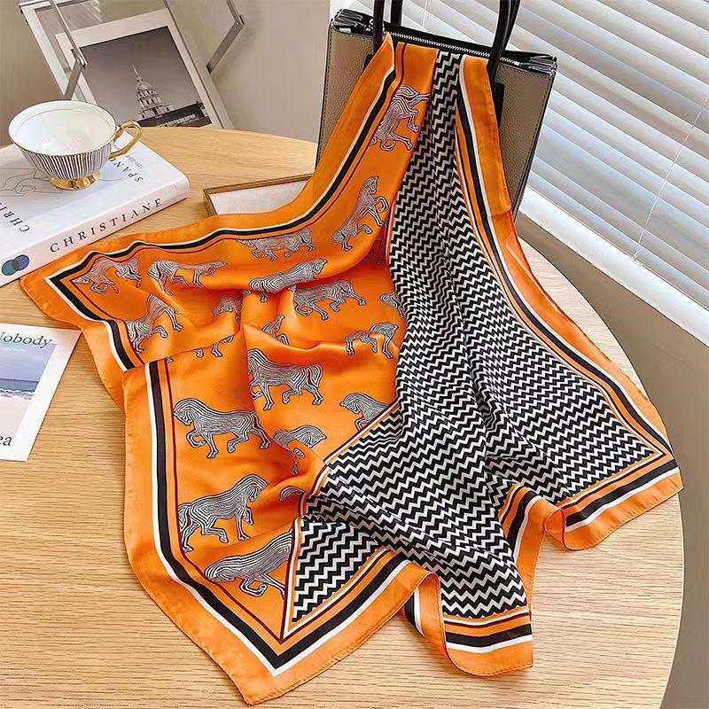 High-End Women's Lightweight Silk Square Scarf - Temperament Print Neckerchief for Neck Protection and Decoration.