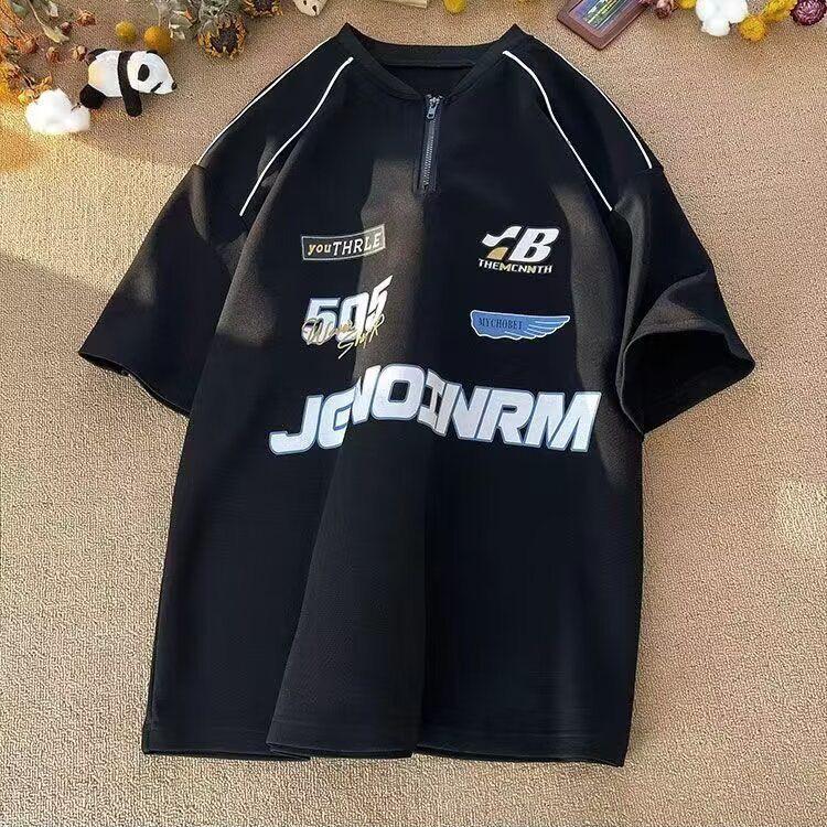 Мужская модная футболка с коротким рукавом на молнии - Высококлассная, бунтарская, гоночная футболка в американском уличном стиле M