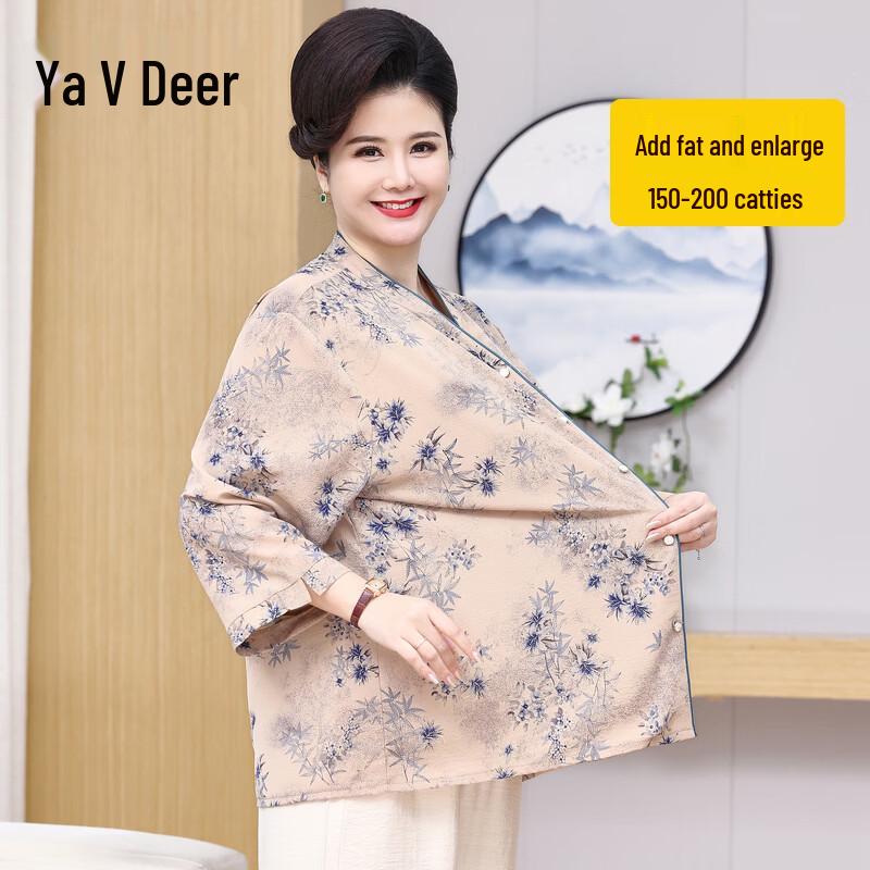 Yalu Plus Size Floral V-Neck 3/4 Sleeve Top for Middle-Aged Women 6XL