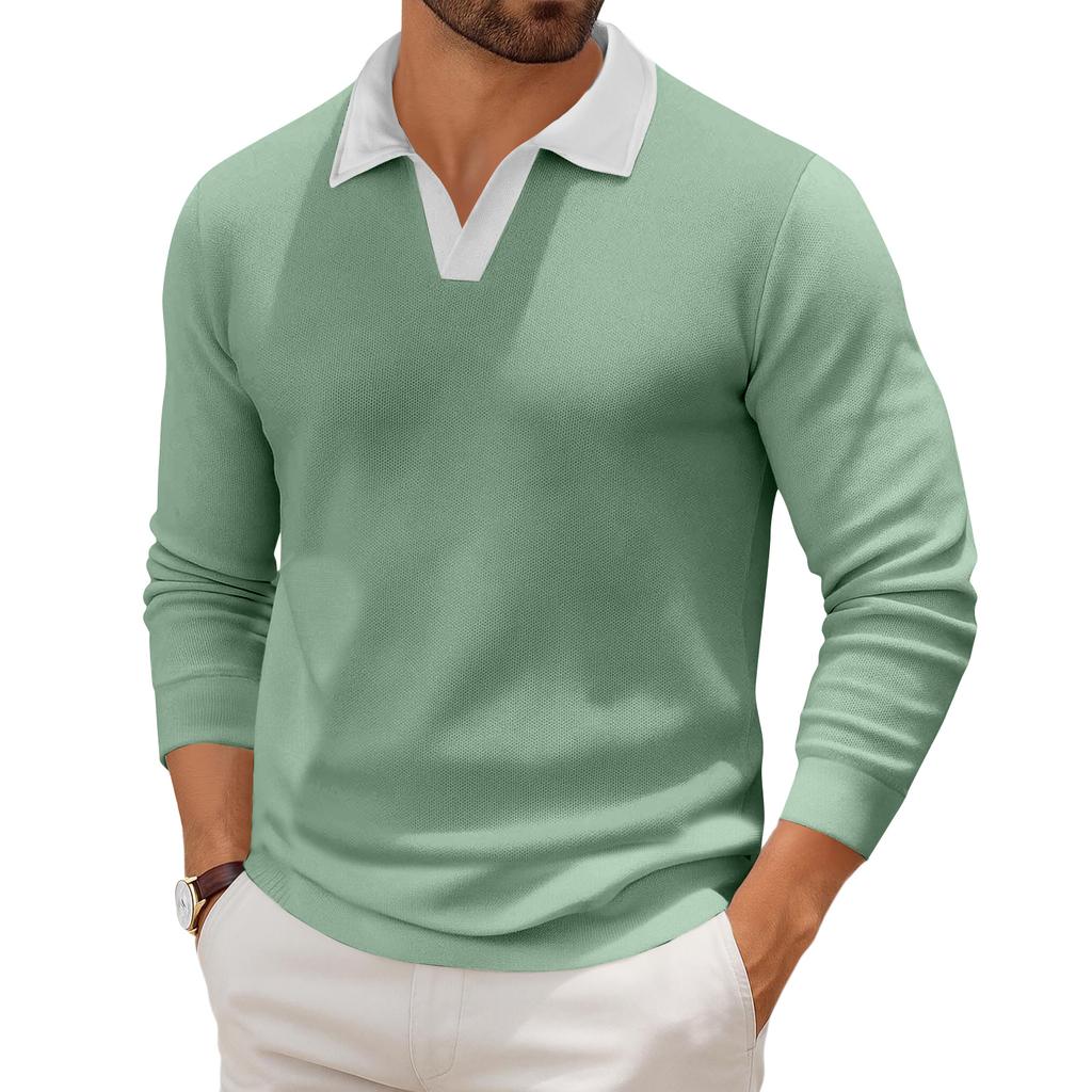 Men's Casual Color-Block Collared Long-Sleeve Knit Base Layer Top