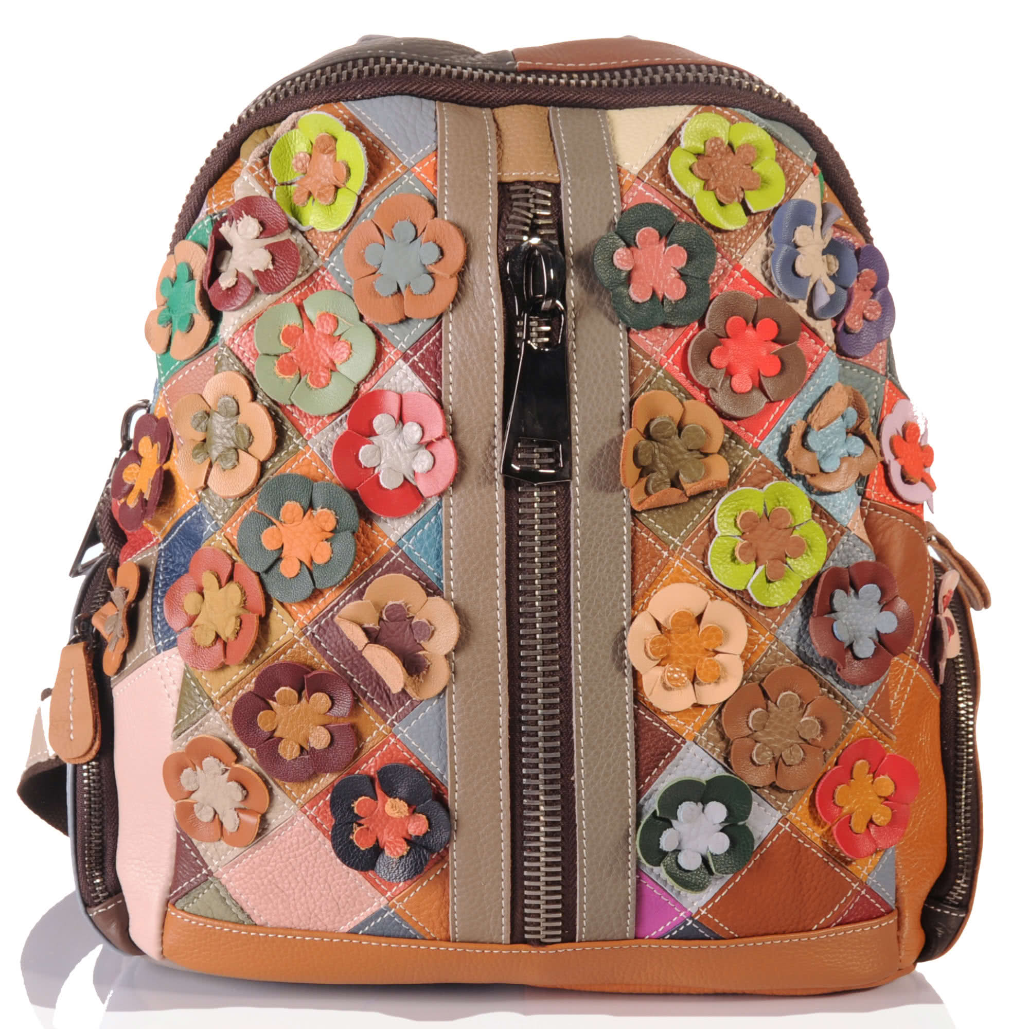 

Women s Leather Patchwork Backpack – Floral Design One Size чорний