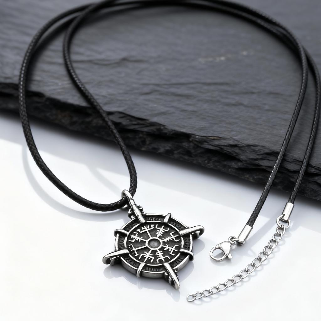 Retro Viking Rune Compass Necklace for Men Boys,Gun black Stainless Steel Talisman Collars,Stylish Punk Jewelry Gift