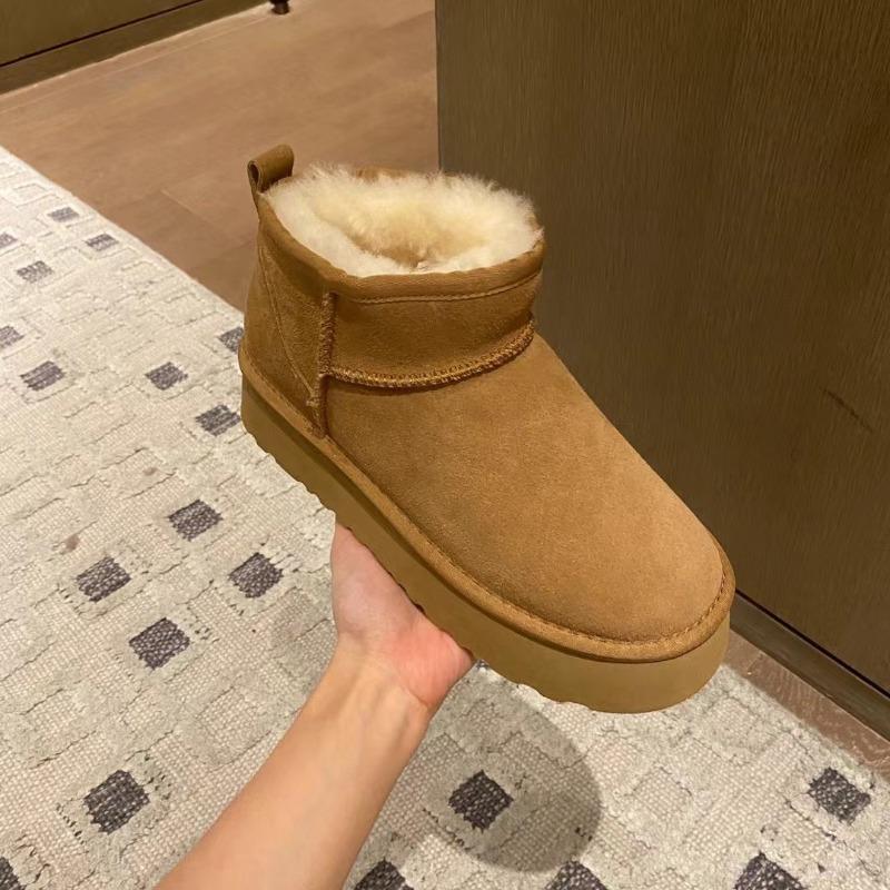 Fur integrated snow boots women's winter thick-soled heightening leather wool women's short boots