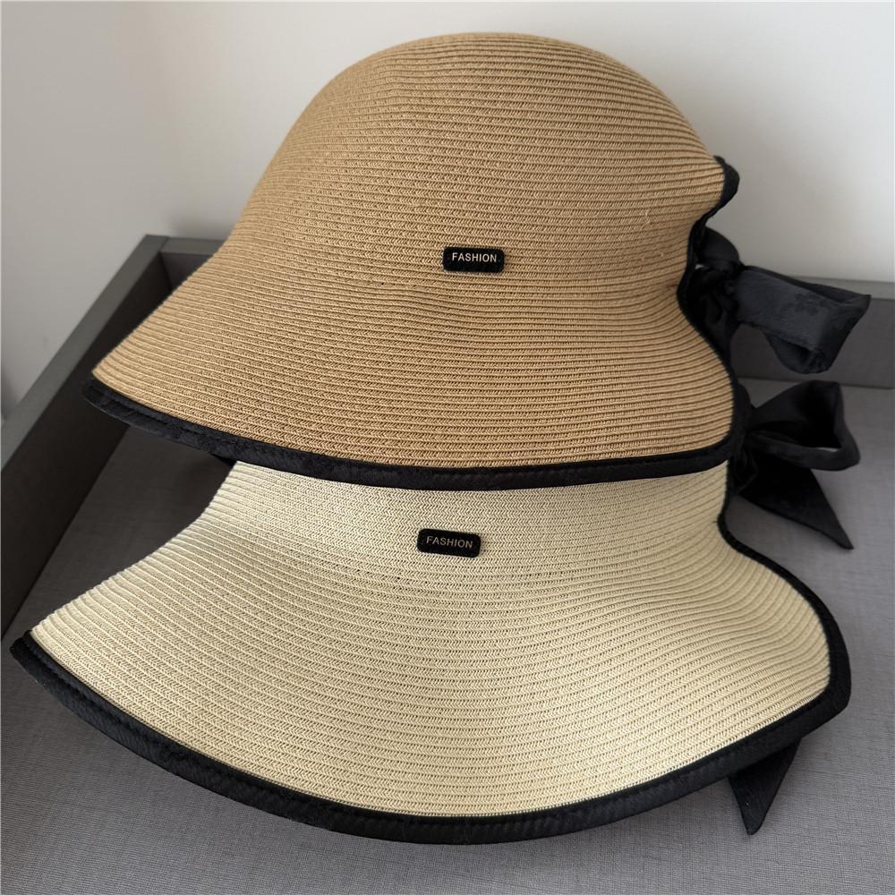 UV Large Brim Bow Empty Top Straw Hat Women's Summer Travel Beach Sunshade Sun Protection Foldable Sun Hat