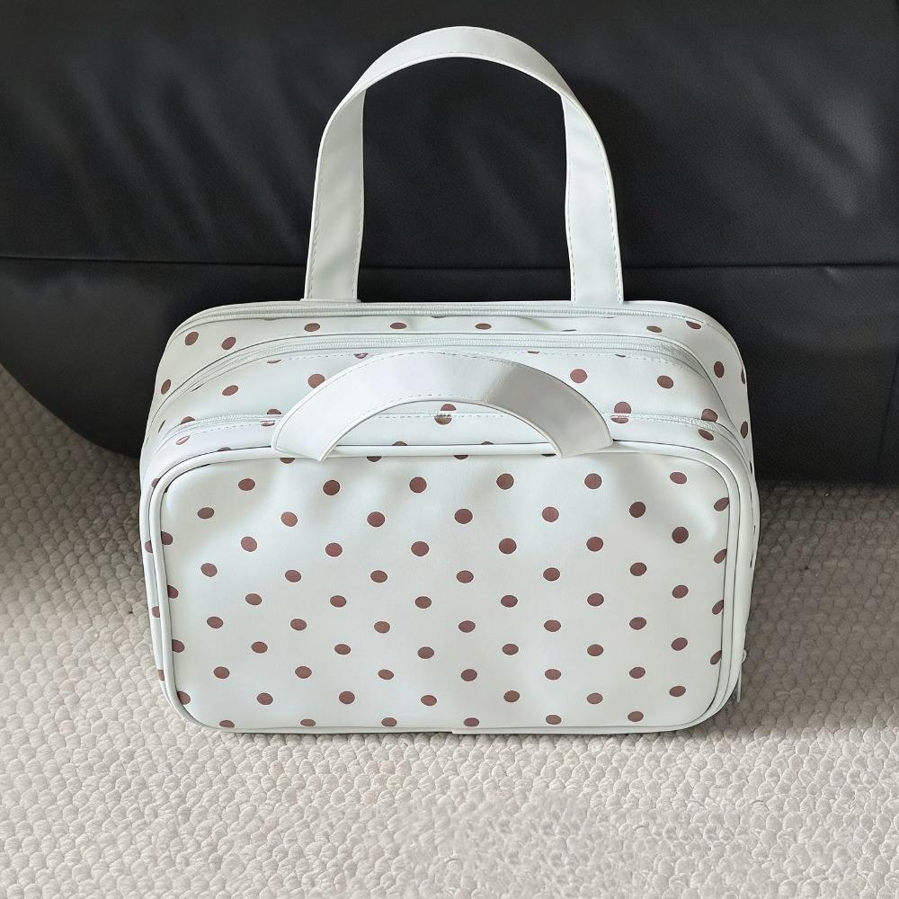 Multifunctional Polka Dot Makeup Bag PU Large Capacity Cosmetic Bag Three-layered with Handle Travel Toiletry Bag