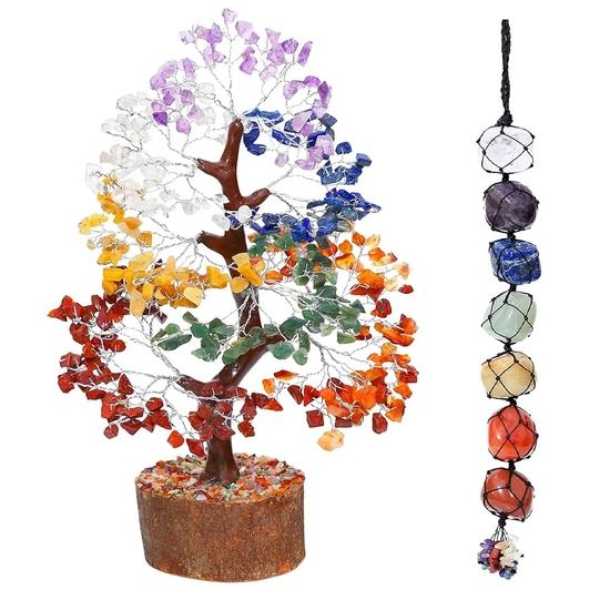 Chakra Tree of Life - 7 Chakra Tumble Stone Hanging, Crystal Tree for Positive Energy - Feng Shui Bonsai, Healing Stone, Attract Good Luck