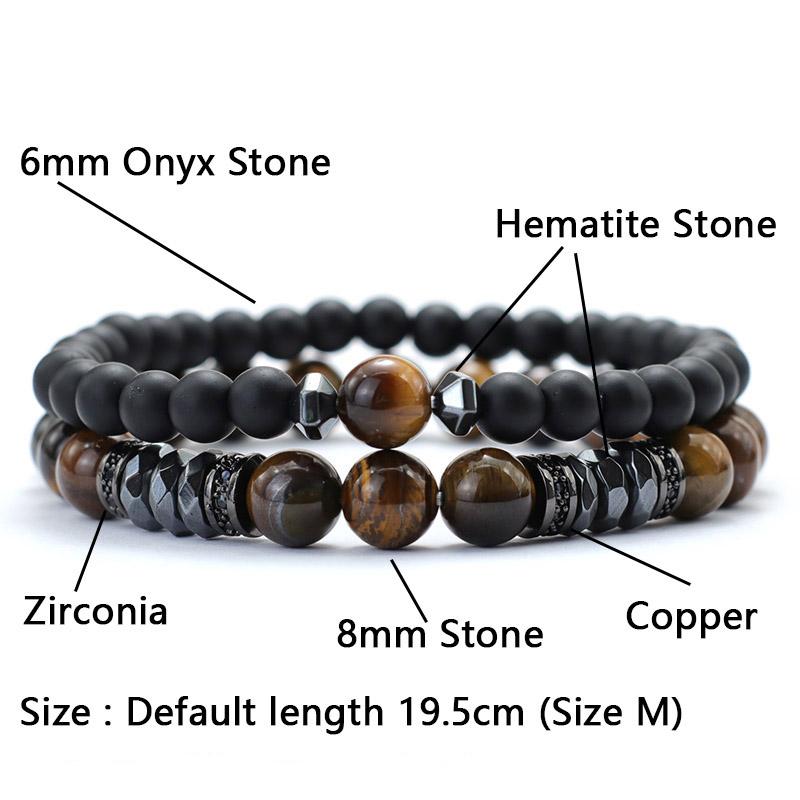 Novel 2 Pieces Men Bracelet Set 6mm 8mm Tiger Eyes Volcanic Rock Stone Beaded Braclet Luxury Zirconia Braslet Pulseria Hombre