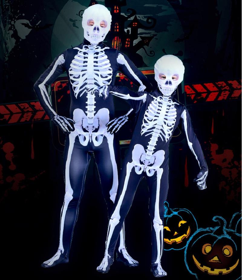 Unisex Parent-child Skeleton Man Costume Jumpsuit With Spooky Mask For Halloween Fun
