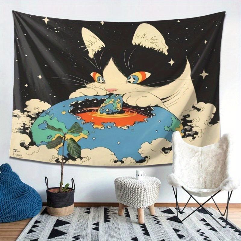 Fun Cartoon Cat Pattern Digital Printing Polyester Wall Tapestry Suitable for Use In Living Rooms Bedrooms Offices Bars Party