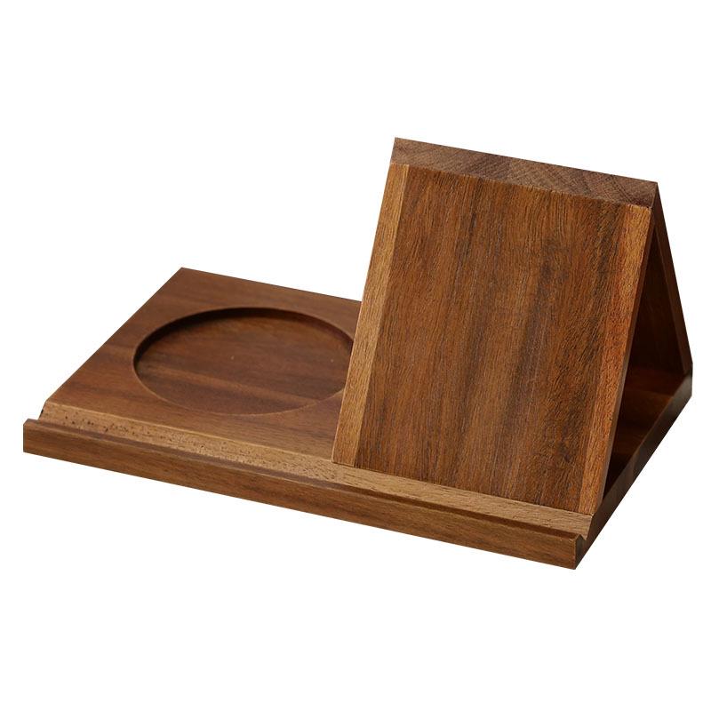 Acacia Wood Triangle Bookshelf & Coaster - Multifunctional Solid Wood Bookshelf for Bedroom or Kitchen with Recipe Rack & Bookmark Holder.