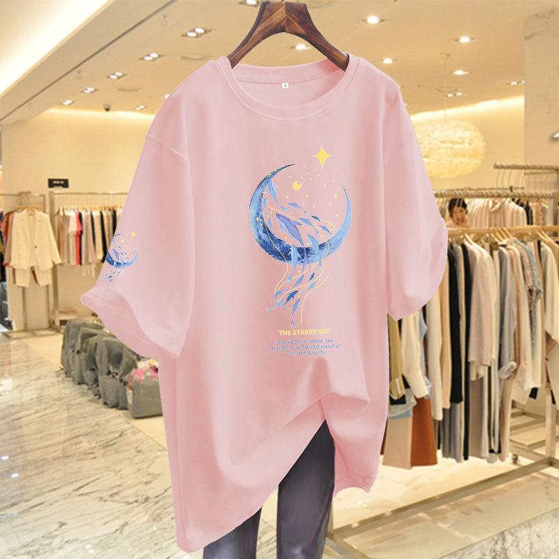 2024 Summer Round Neck Pure Cotton Loose Fitting Mid Length Version Trend Printing Comfort Versatile Women's Clothing T-Shirts