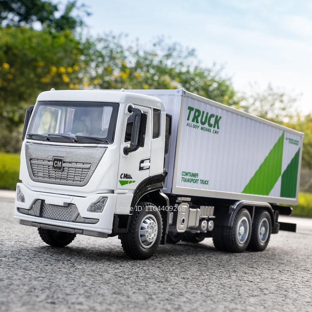 1:32 Scale Container Truck Fire Trucks Model Car Toy Pull Back Music Light Metal Diecast Doors Opened Vehicles Toys for Kid Gift